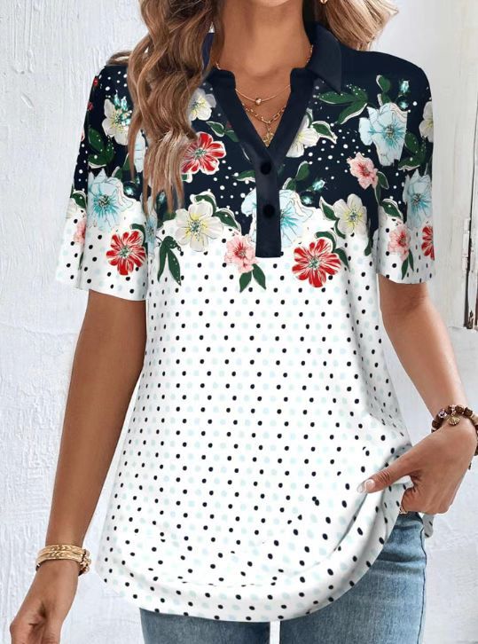 Women's Short Sleeve Polo Collar Tunic with Floral Yoke and Allover Polka Dot Print Mune Fashion