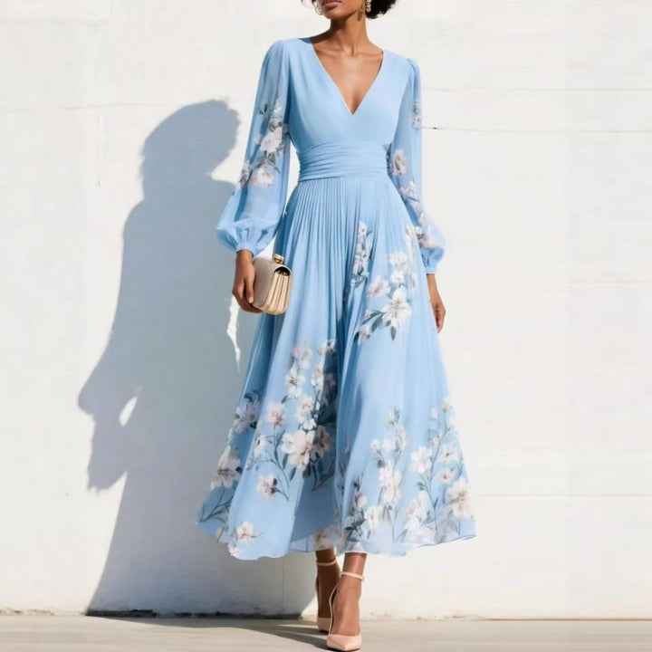 Women Chiffon Midi Dress with V-neck, gathered waist and floral pleated skirt Mune Fashion