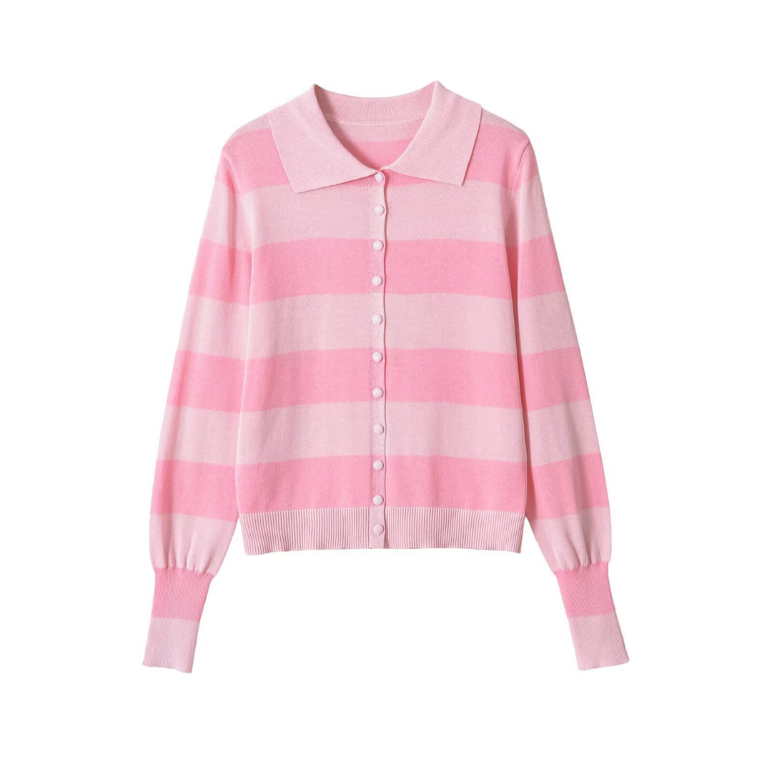 Women’s Lightweight Striped Cardigan with Polo Collar and Button Placket Mune Fashion