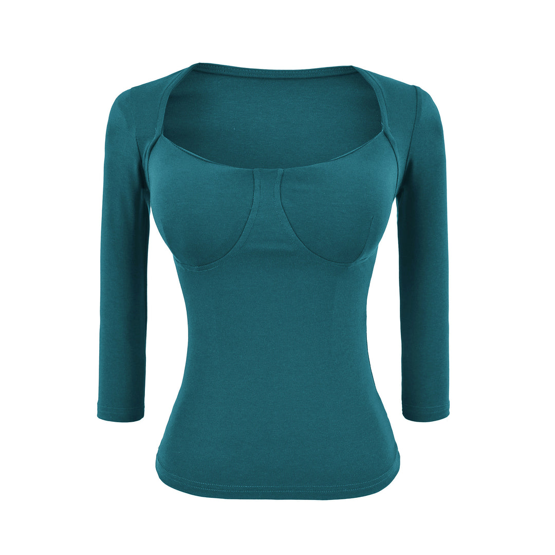 Women's Fitted Long Sleeve Top with Integrated Bustier Contour and Square Neckline Mune Fashion