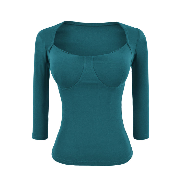 Women's Fitted Long Sleeve Top with Integrated Bustier Contour and Square Neckline Mune Fashion