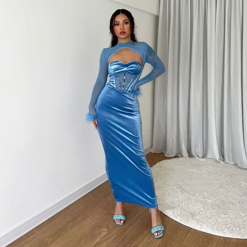 Women's fitted velvet maxi dress with corset bustier and transparent mesh top Mune Fashion