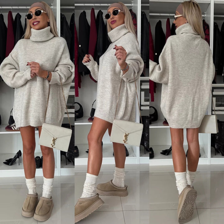 Women's cozy chunky knit mini dress with extra high turtleneck and oversized fit Mune Fashion