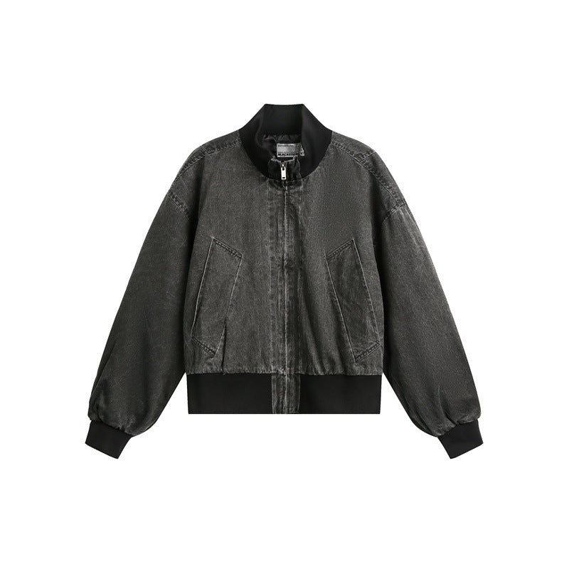 Unisex Short Cut Satin Bomber in Boxy Cut with Contrasting Ribbed Collar and Balloon Sleeves Mune Fashion
