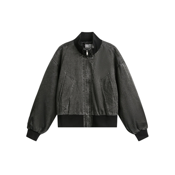Unisex Short Cut Satin Bomber in Boxy Cut with Contrasting Ribbed Collar and Balloon Sleeves Mune Fashion