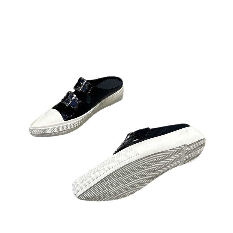 Women's pointed toe mule sneakers with double buckle straps and flat platform sole Mune Fashion