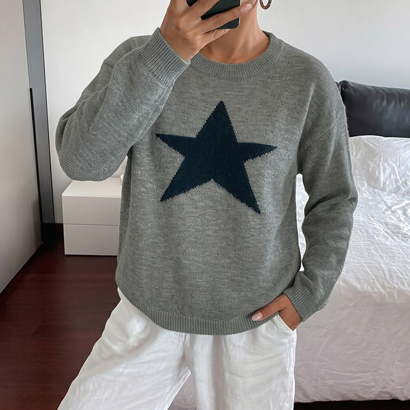 Women Relaxed Knit Sweater with Star Intarsia, Round Neckline & Casual Fit Mune Fashion