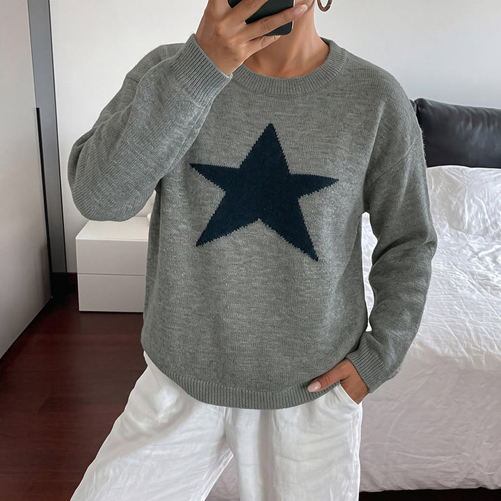 Women Relaxed Knit Sweater with Star Intarsia, Round Neckline & Casual Fit Mune Fashion
