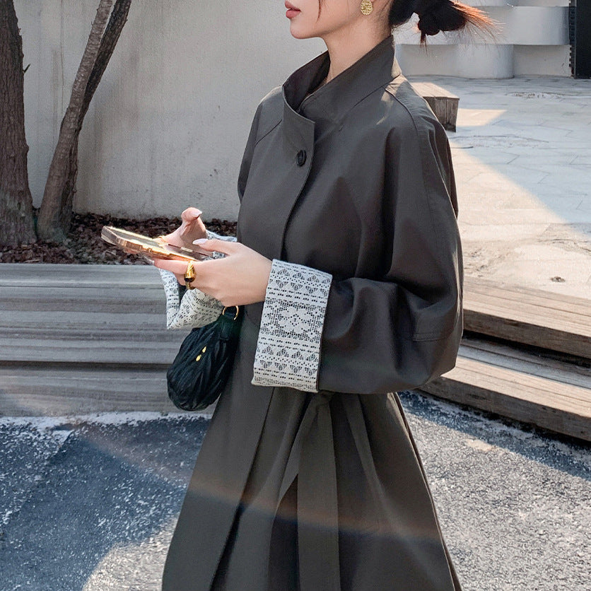 Women Elegant Trench Coat with Waist Belt and Contrast Sleeves Mune Fashion