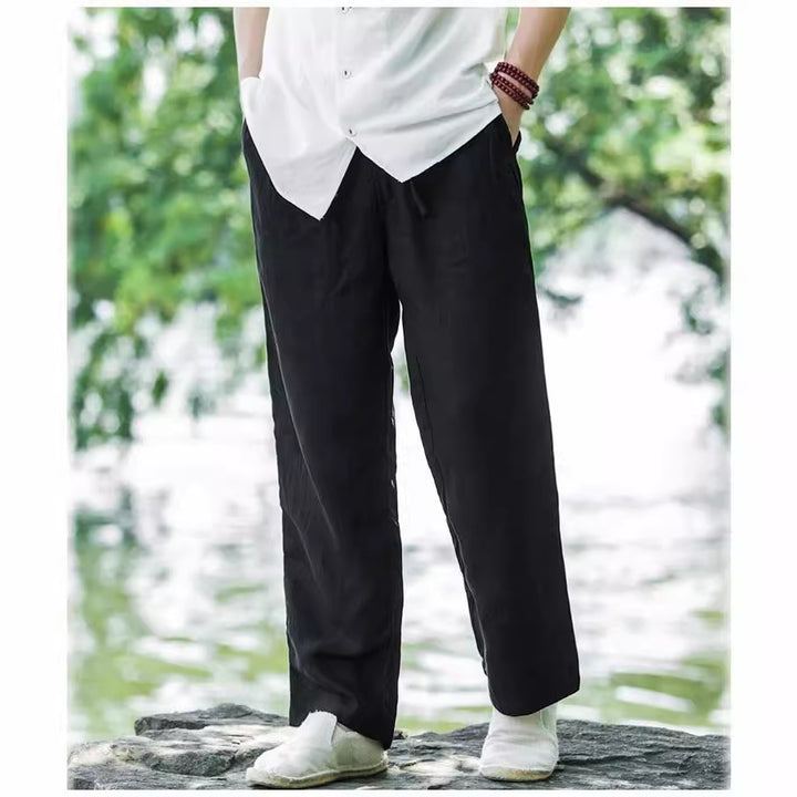 Men's light linen pants with elastic waistband, wide leg, and side pockets Mune Fashion
