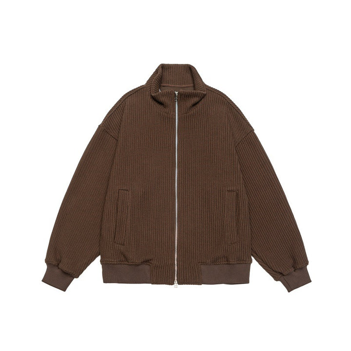 Unisex chunky knit boxy zip jacket with stand-up collar and ribbed cuffs Mune Fashion