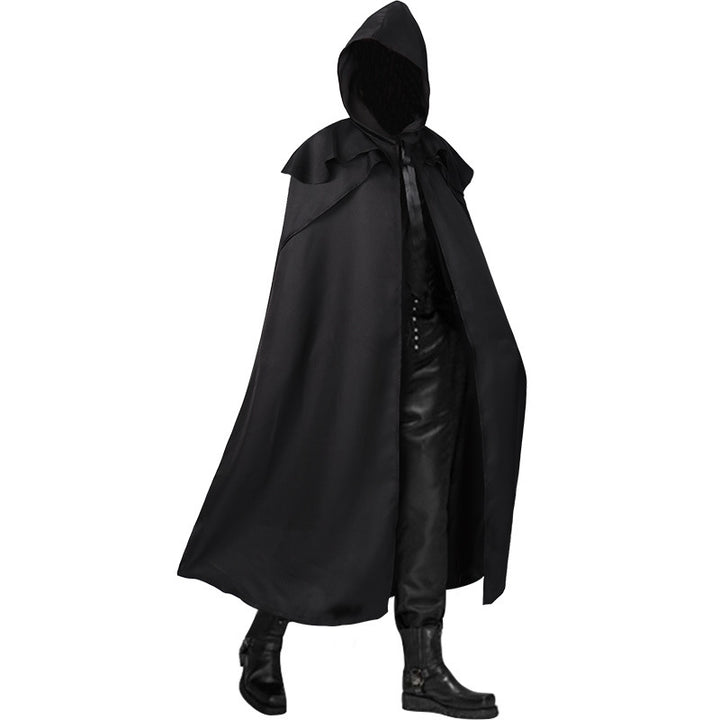 Unisex long hooded cape with wide drape, detachable shoulder cape and concealed tying system Mune Fashion