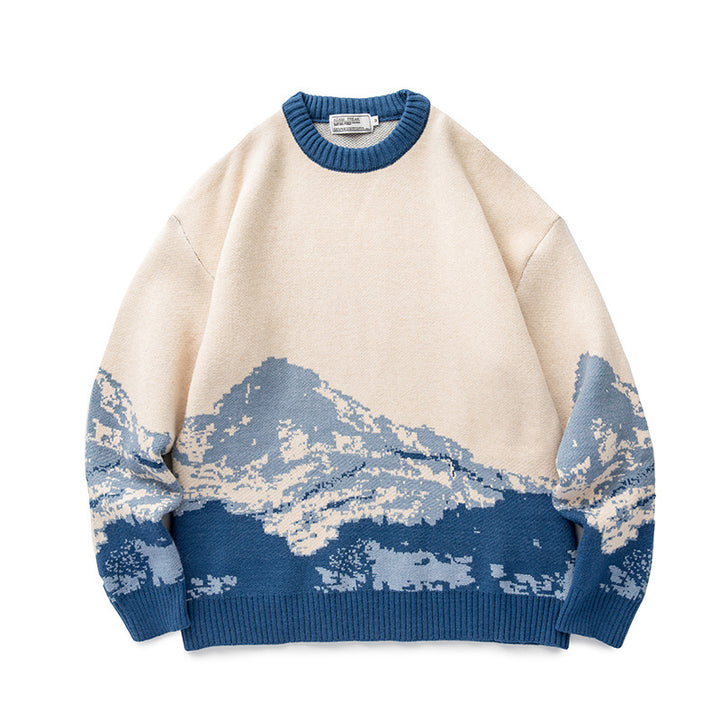 Unisex Oversized knit sweater with mountain jacquard and ribbed round neckline Mune Fashion