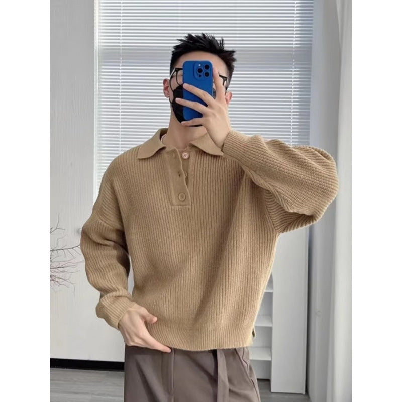 Men's fine-knit polo sweater with half-zip placket, ribbed structure, and side slits Mune Fashion