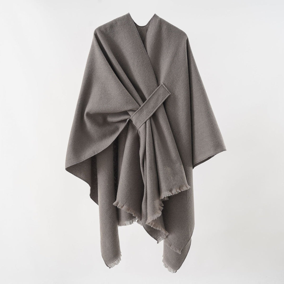 Women's lightweight wool blend wrap with fringes and tie belt Mune Fashion