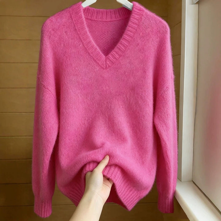 Women Fluffy Mohair-Mix Oversize Sweater with Deep V Neck Mune Fashion