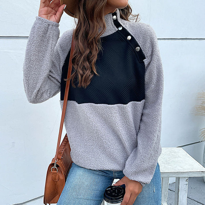 Women's Cozy Teddy Fleece Sweater with Quilted Chest Panel, Stand Collar and Snap Button Placket Mune Fashion