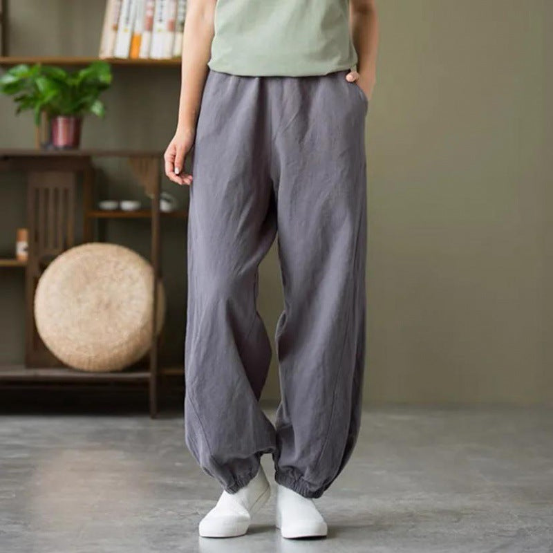 Women's relaxed linen harem pants with elastic waistband and ankle cuffs Mune Fashion