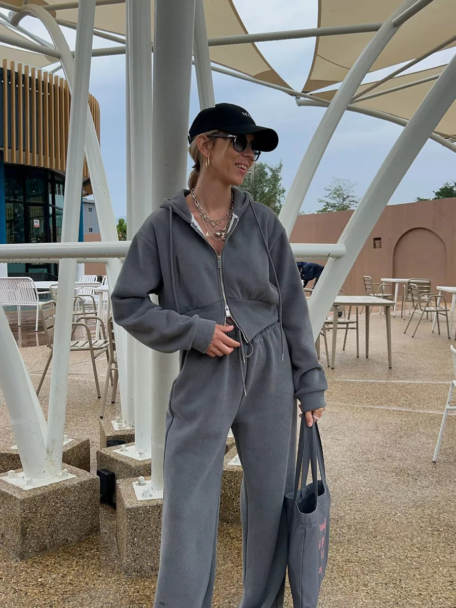 Women's Short Zip Hoodie with Drawstring Waist and Wide Palazzo Jogging Pants Mune Fashion