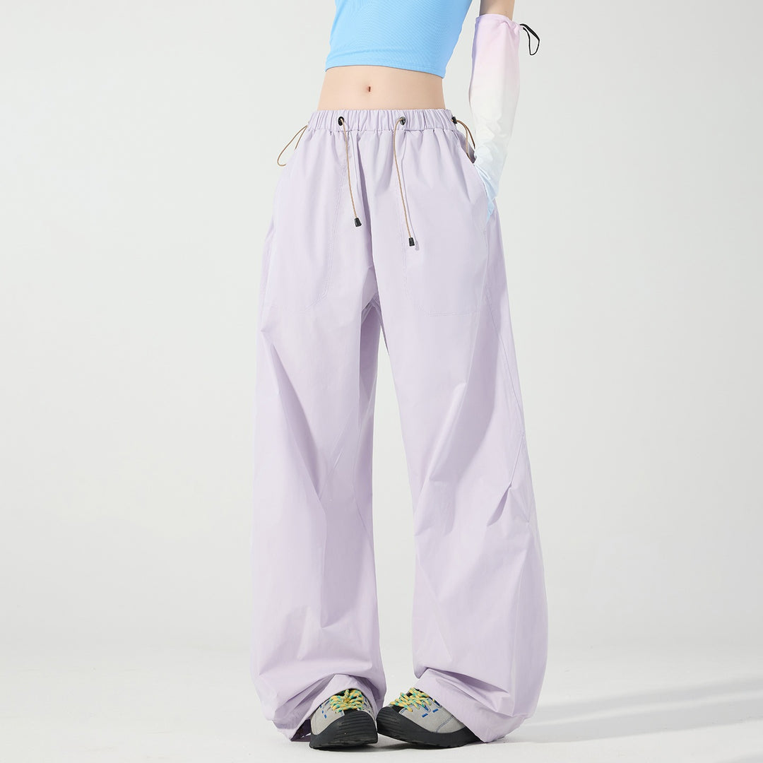 Women's Wide Nylon Baggy Pants with Elastic Drawstring Waistband & Utility Pockets Mune Fashion