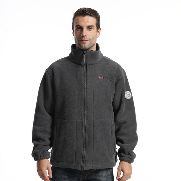 Men's fleece jacket with stand-up collar, full-length zipper, two side pockets, and elastic cuffs.