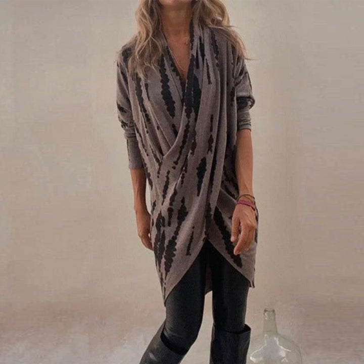 Women's draped knitted cardigan with wrap look, soft fall, and abstract pattern Mune Fashion