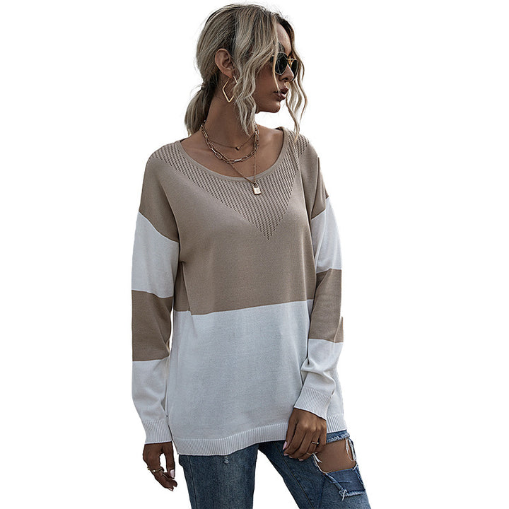 Women's Casual Knitted Sweater with V-Neck and Color Block Mune Fashion