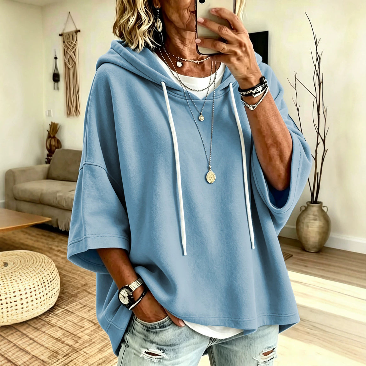 Women's Short Sleeve Oversized Hoodie with Hood and Contrast Drawstring Mune Fashion