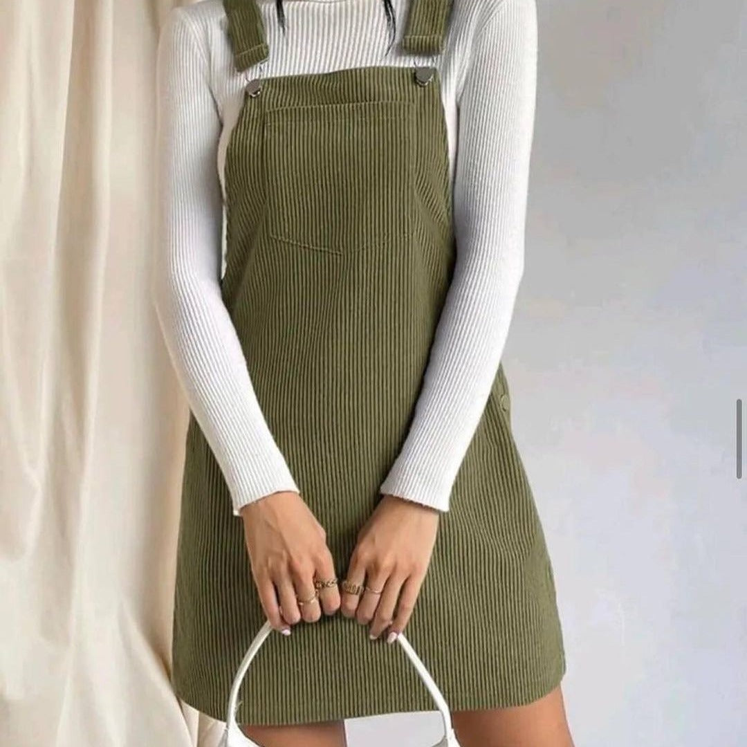 Women's Corduroy Pinafore Dress with Adjustable Straps, Side Snap Placket and Fine Rib Effect Mune Fashion