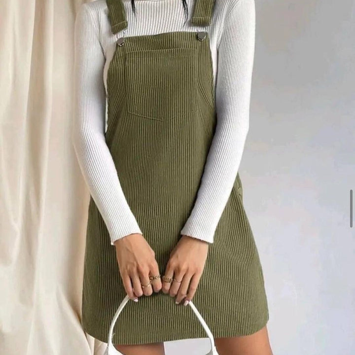 Women's Corduroy Pinafore Dress with Adjustable Straps, Side Snap Placket and Fine Rib Effect Mune Fashion