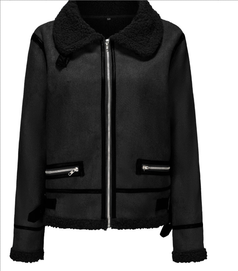 Women Short Cut Aviator Sheepskin Imitation Jacket with Teddy Lining and Faux Leather Trim Mune Fashion