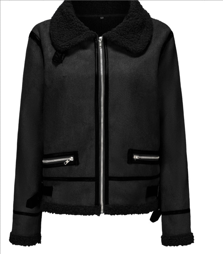 Women Short Cut Aviator Sheepskin Imitation Jacket with Teddy Lining and Faux Leather Trim Mune Fashion