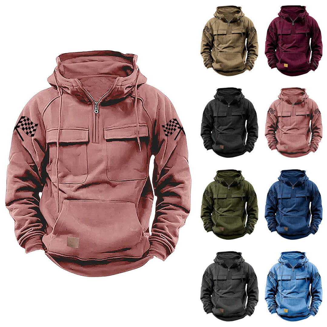 Men's hooded sweatshirt with half zip, cargo chest pockets and kangaroo pocket Mune Fashion