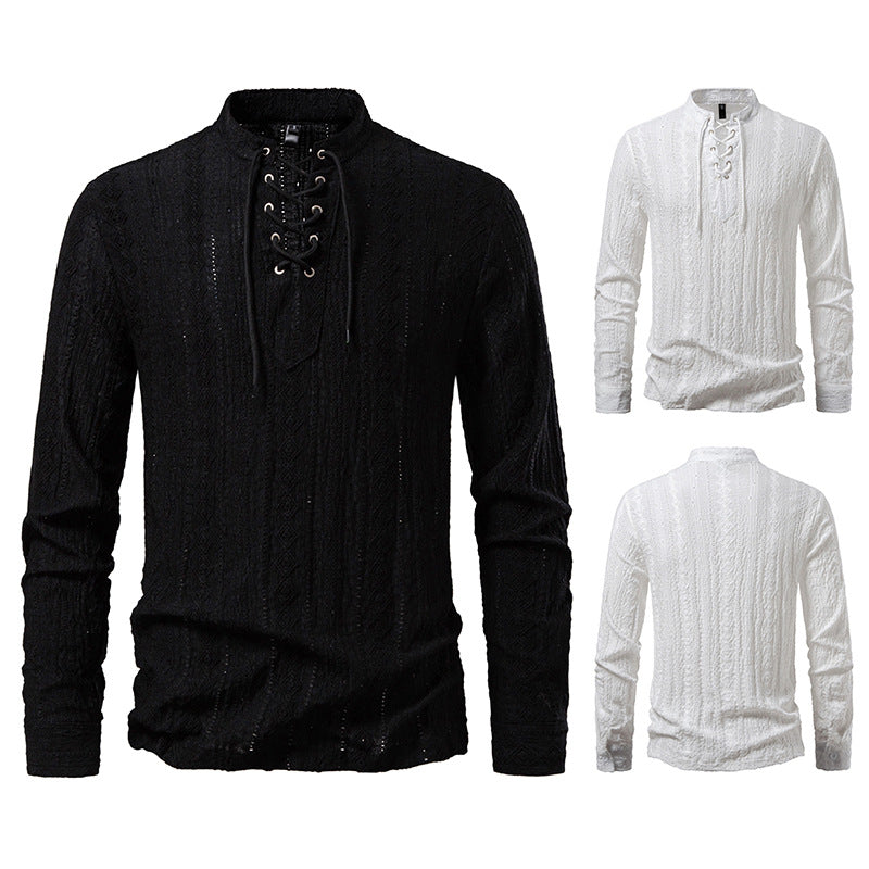 Men's Fine Structure Henley Long Sleeve Shirt with Lacing and Stand-up Collar Mune Fashion