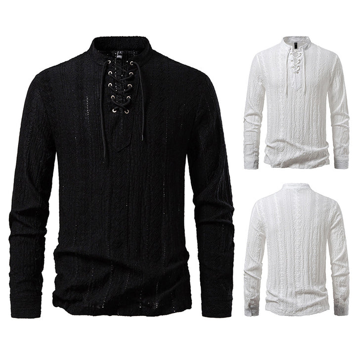 Men's Fine Structure Henley Long Sleeve Shirt with Lacing and Stand-up Collar Mune Fashion