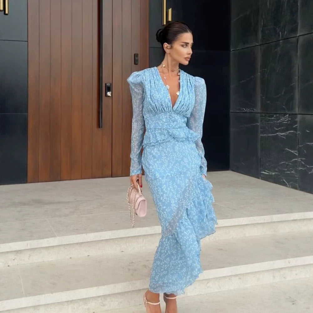 Women Chiffon Maxi Dress with V-neck, Puff Sleeves and Leg Slit Mune Fashion