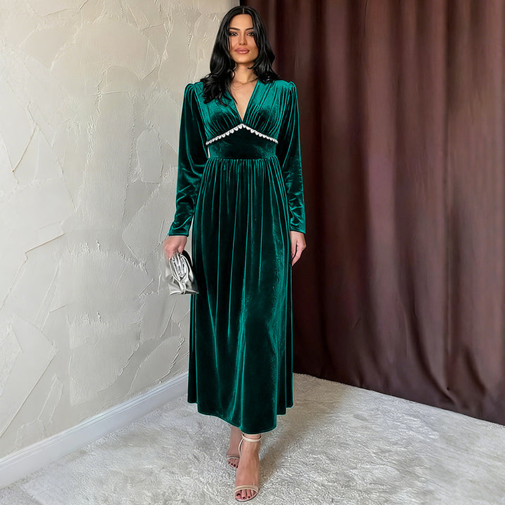 Women Elegant Maxi Dress with V-Neck and Ruffles Mune Fashion