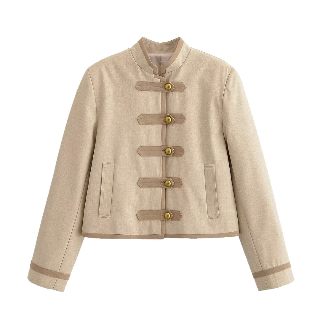 Women Short Military-Inspired Jacket with Stand Collar and Decorative Toggle Closure Mune Fashion
