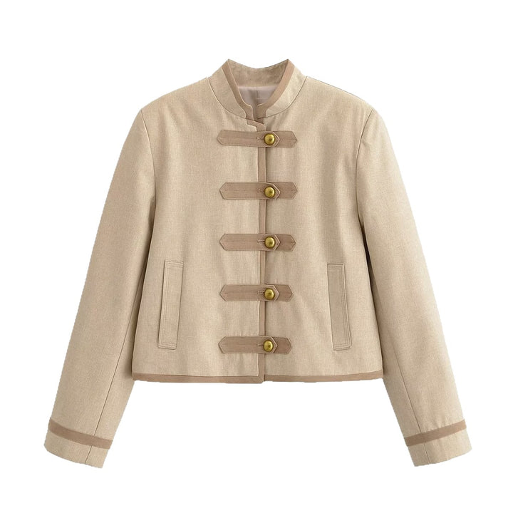 Women Short Military-Inspired Jacket with Stand Collar and Decorative Toggle Closure Mune Fashion