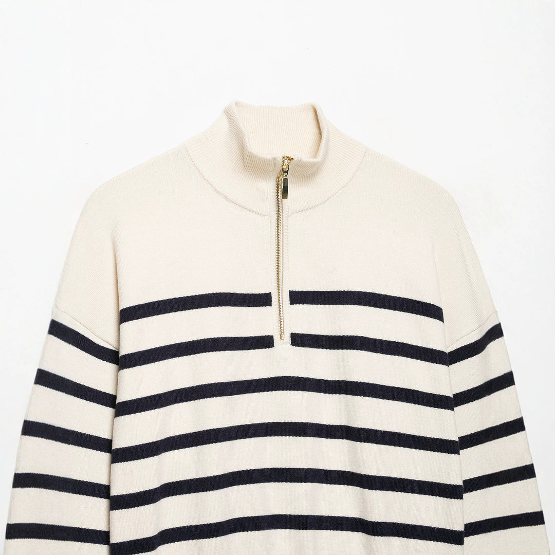 Women's Striped Half-Zip Knit Sweater with Stand-up Collar Mune Fashion