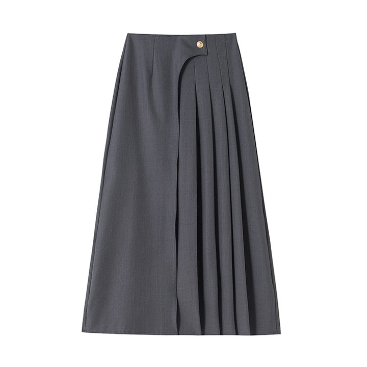 Women's high-waisted A-line skirt with asymmetrical pleats and decorative button closure Mune Fashion