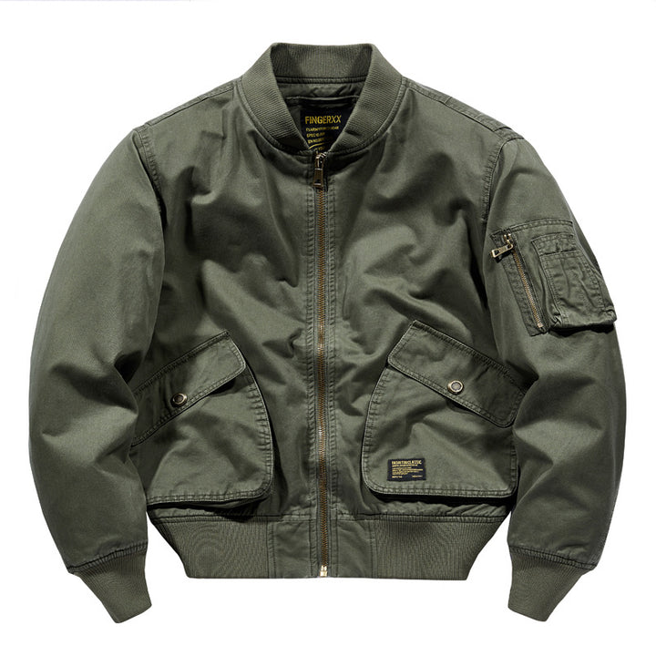 Men's Short-Cut Canvas Bomber Jacket in Utility-Field Style with Pocket Organizer Mune Fashion