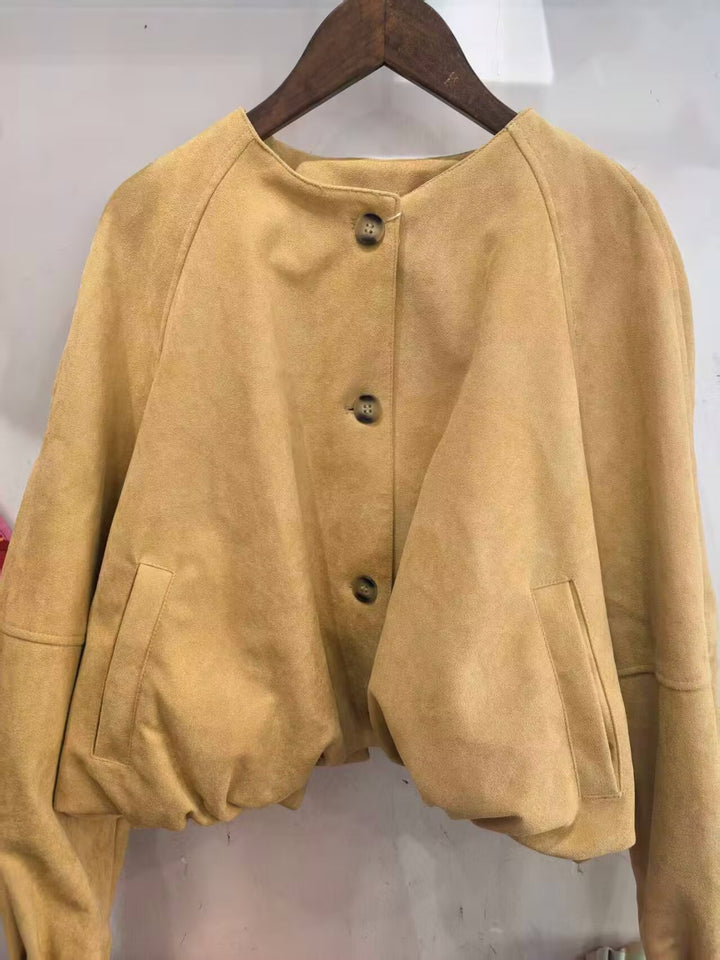 Women Short Blouson Jacket in Cropped Look with Round Neckline and Balloon Sleeves Mune Fashion