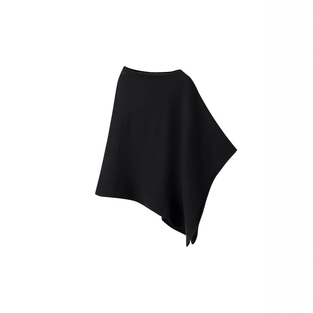 Women's Fine Knitted Poncho with Asymmetrical Hem and Boat Neck Mune Fashion