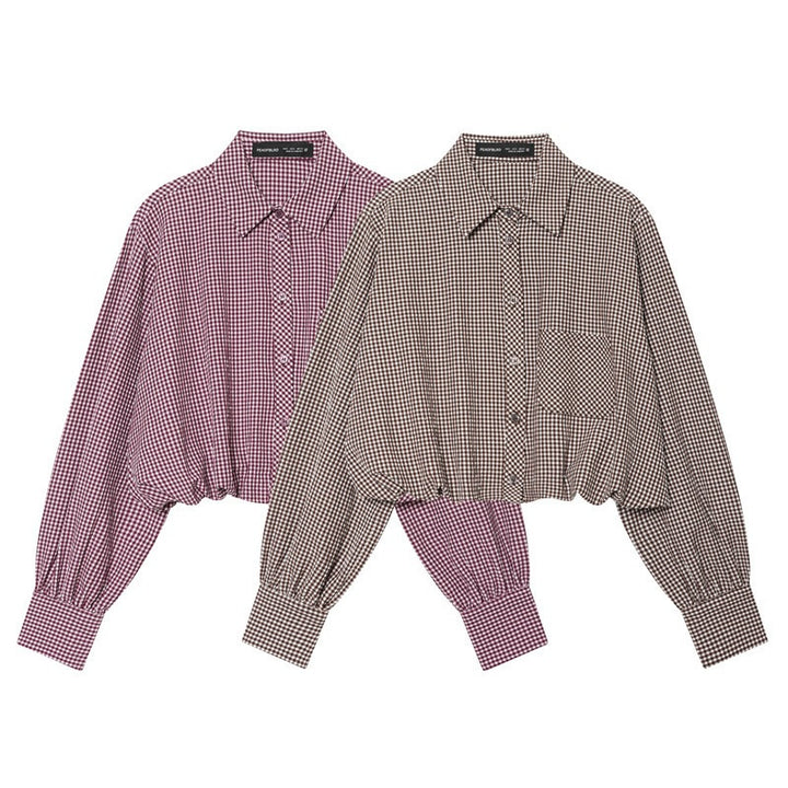 Ladies Short-Cut Checked Blouse with Balloon Sleeves, Elastic Hem and Breast Pocket Mune Fashion