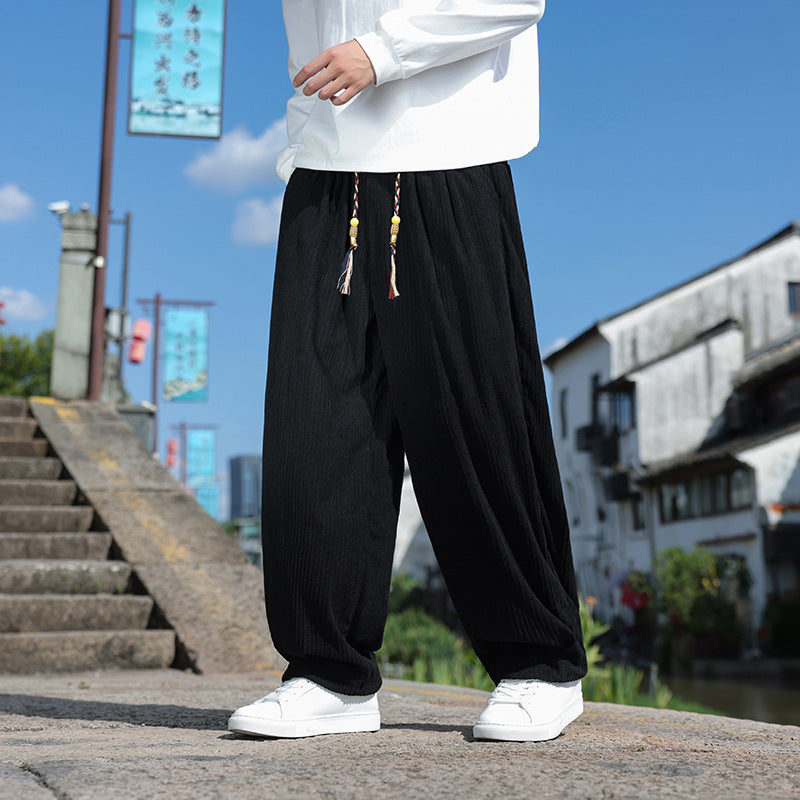 Men's loose-fitting corduroy relax pants with elastic waistband and decorative cord Mune Fashion