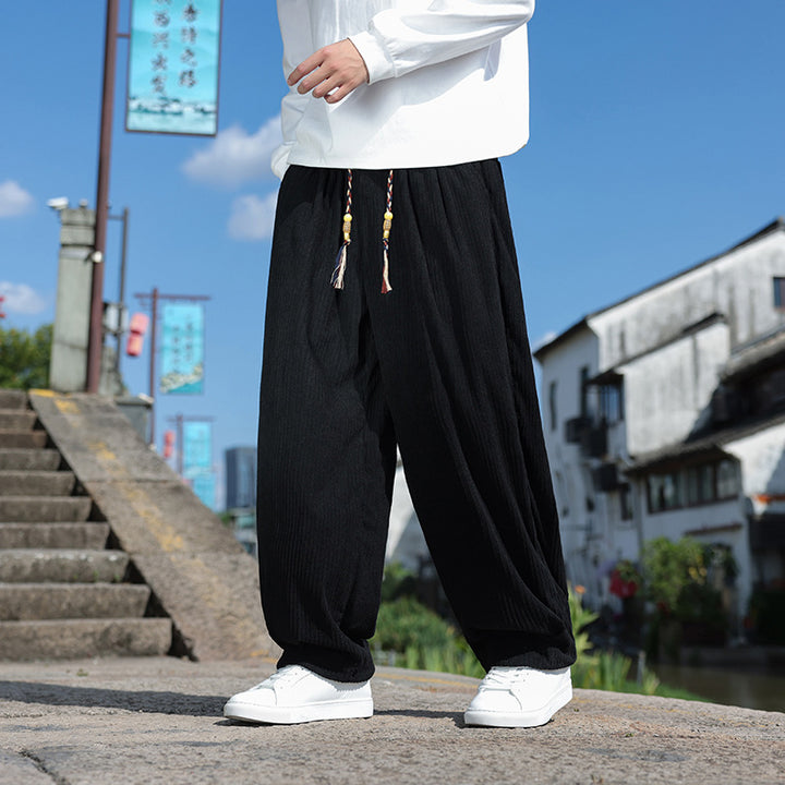 Men's loose-fitting corduroy relax pants with elastic waistband and decorative cord Mune Fashion