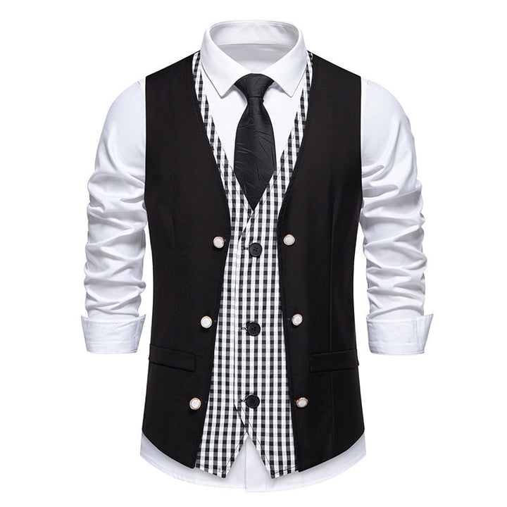 Men's elegant double-breasted suit vest with contrasting Vichy inner part Mune Fashion