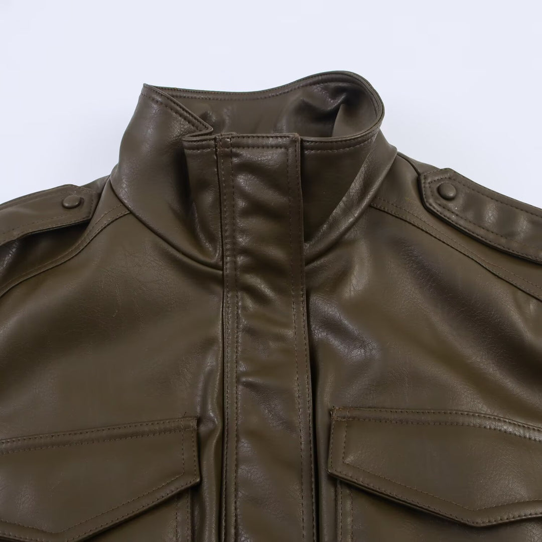 Women's 20+ tailored cropped leather-look bomber jacket with epaulettes Mune Fashion