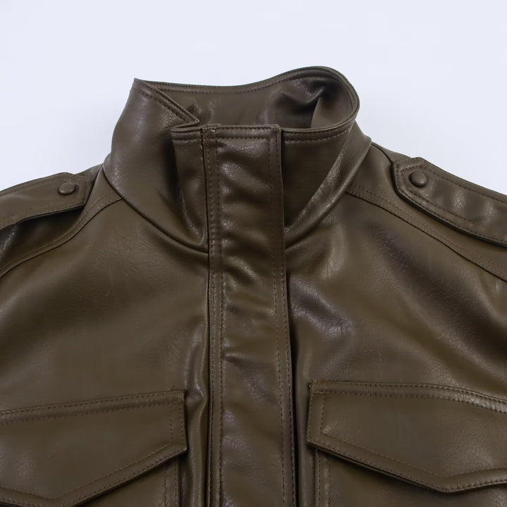 Women's 20+ tailored cropped leather-look bomber jacket with epaulettes Mune Fashion